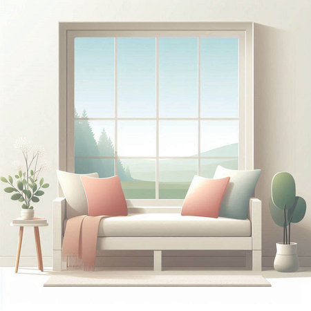 Living room interior with a large window and a sofa. Vector illustration.のイラスト素材