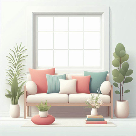 interior with sofa and decorative plants. 3d render illustration.のイラスト素材