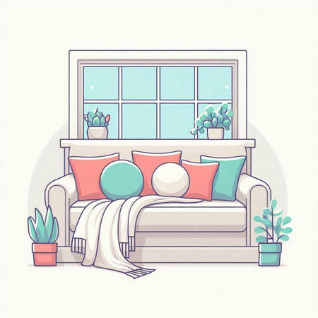 Vector illustration of cozy living room interior with sofa, pillows, window and plants.のイラスト素材