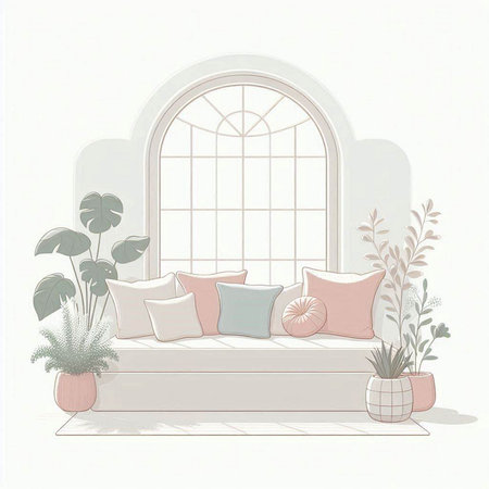 Sofa in interior with plants and window. Vector illustration.のイラスト素材