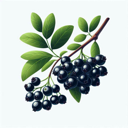Branch with ripe black currant berries and green leaves. Vector illustration.のイラスト素材