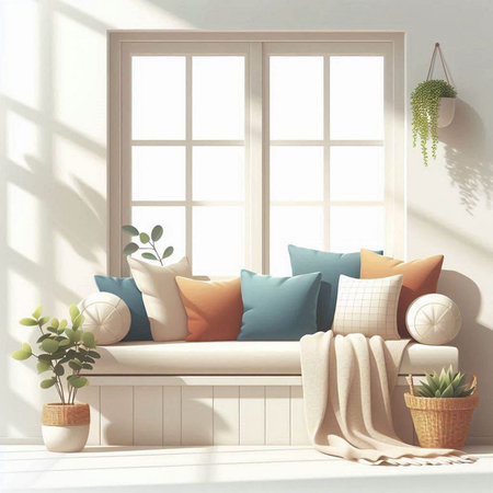 interior with sofa, pillows and flowerpot. 3d renderのイラスト素材