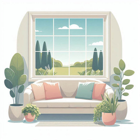 Illustration of a room with a sofa, plants and a windowのイラスト素材