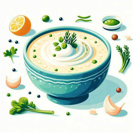 Vector illustration of bowl of hummus with herbs and ingredients on white backgroundのイラスト素材