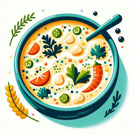 Creamy soup in a bowl with parsley and carrots. Vector illustration.のイラスト素材