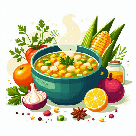 Vegetable soup with corn, carrot, onion, parsley, lemon and spices in green bowl.のイラスト素材