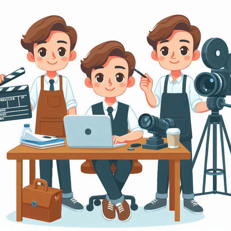 Photographer and cameraman with camera. Vector illustration in cartoon styleのイラスト素材
