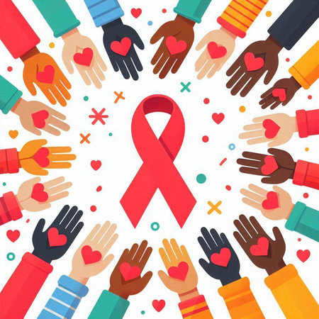 Vector illustration of World Aids Day with red ribbon and hands.のイラスト素材