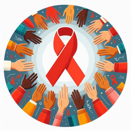 Red ribbon in circle with hands. World aids day concept. Vector illustrationのイラスト素材