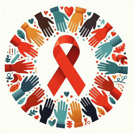 World Aids Day background with red ribbon and hand. Vector illustration.のイラスト素材