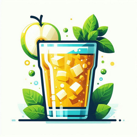 Glass of orange juice with ice cubes and mint leaves. Vector illustration.のイラスト素材