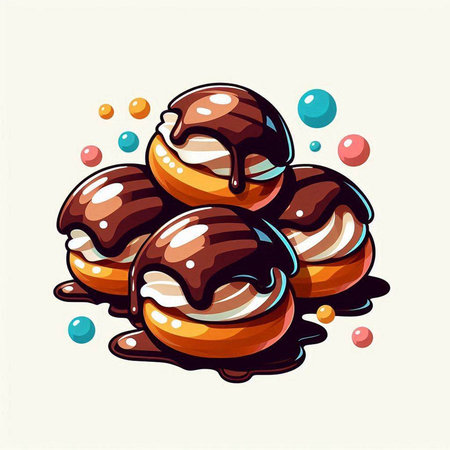 Chocolate ice cream balls with chocolate syrup. Vector illustration in cartoon style.のイラスト素材