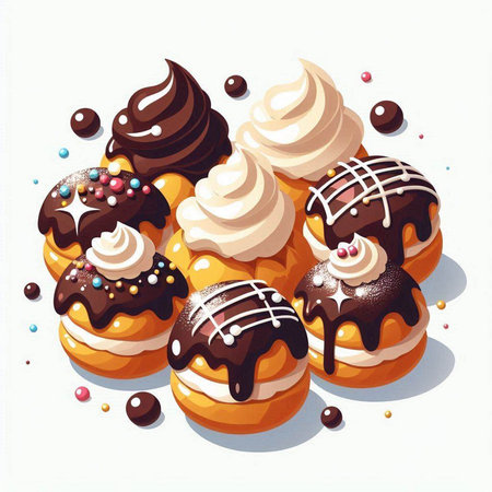 Vector illustration of sweet donuts with cream and chocolate on white backgroundのイラスト素材