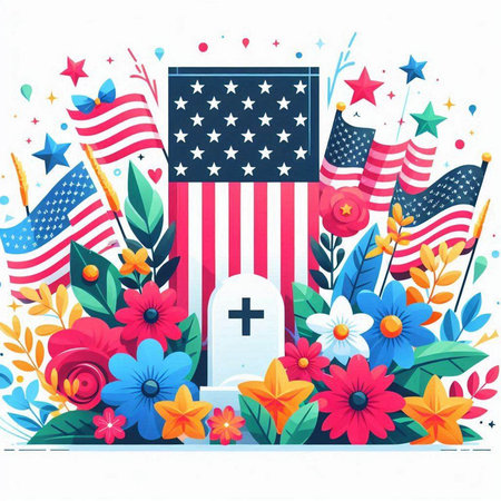 Happy Memorial Day. Vector illustration with american flag and flowers.のイラスト素材