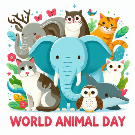 World Animal Day greeting card with cute cartoon animals. Vector illustration.のイラスト素材