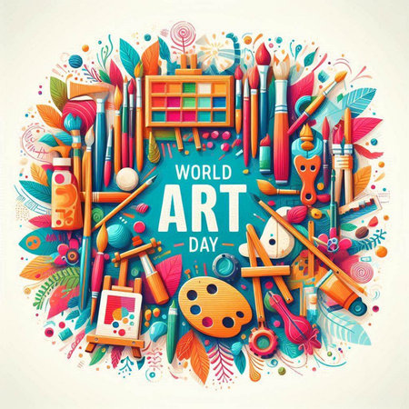 World art day poster design with art tools. Vector illustration EPS10のイラスト素材
