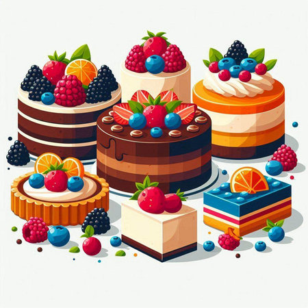 Cakes with berries and fruits. Vector illustration in cartoon style.のイラスト素材