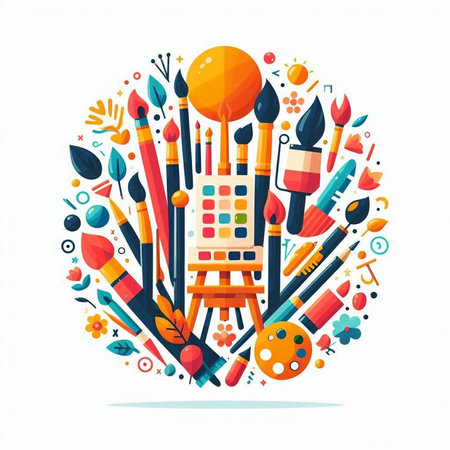 Paint brushes, paints and palette in circle shape. Vector illustrationのイラスト素材