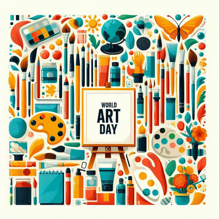 Art school background with paintbrushes, palette, paints and flowers. Vector illustrationのイラスト素材