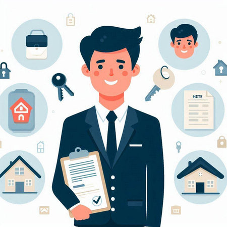 Real estate agent. Man with house keys. Vector illustration in flat styleのイラスト素材