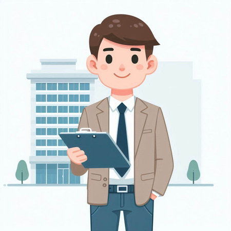 Businessman with clipboard and city background. Vector illustration in cartoon style.のイラスト素材