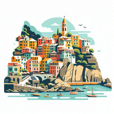 Colorful houses on the coast of the sea. Vector illustration.のイラスト素材