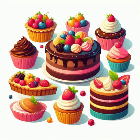 Cupcakes and muffins with berries and cream. Vector illustrationのイラスト素材