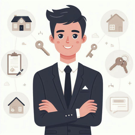 Real estate agent. Young man in a suit. Vector illustration.のイラスト素材
