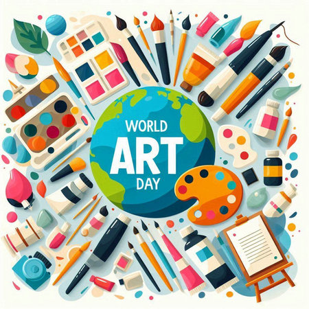 World art day poster with art supplies on white background. Vector illustrationのイラスト素材
