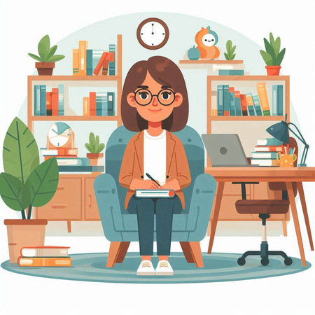 Young woman in glasses sitting in armchair and writing in notepad. Vector illustrationのイラスト素材