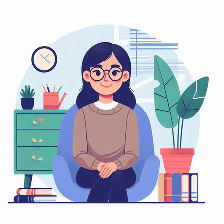 Girl sitting in armchair at home. Vector illustration in flat styleのイラスト素材