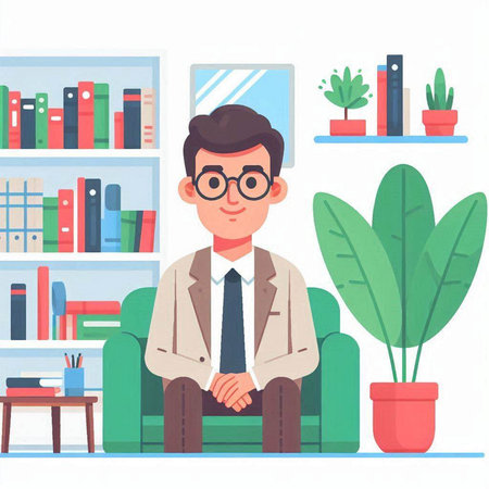 Young man sitting in armchair at home. Male character in casual clothes and glasses. Flat vector illustration.のイラスト素材