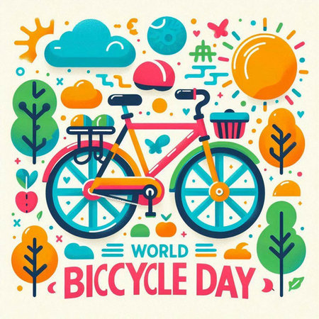 World Bicycle Day poster with bicycle, trees, clouds and sun. Vector illustration.のイラスト素材