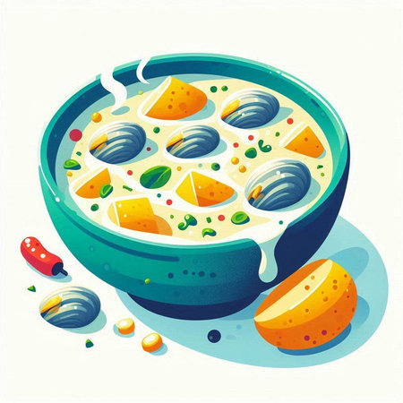 Illustration of a bowl of oatmeal with fruits and vegetables.のイラスト素材