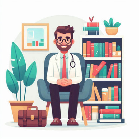 Doctor with stethoscope sitting on chair in office. Vector illustrationのイラスト素材