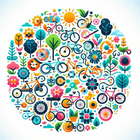 Vector illustration of a circle with bicycle, bike, trees and flowersのイラスト素材