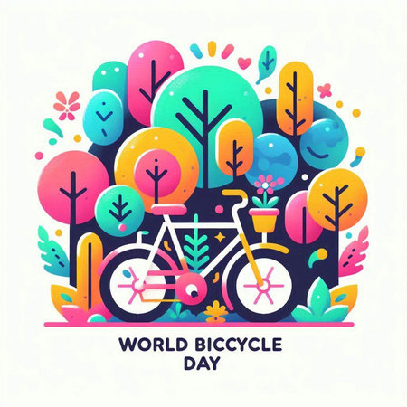 World Bicycle Day concept. Vector illustration with bicycle, trees, flowers and clouds.のイラスト素材