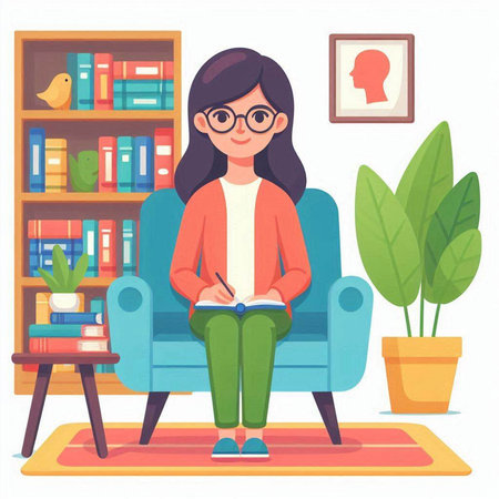 Woman sitting in armchair and reading a book. Flat vector illustration.のイラスト素材