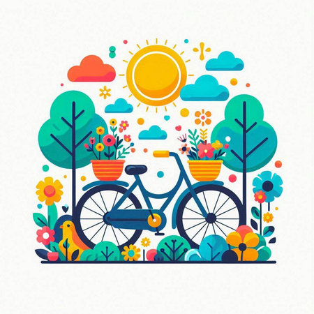 Bicycle with basket of flowers, sun, clouds and birds. Flat vector illustration.のイラスト素材