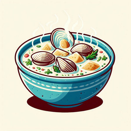 Clams soup in a bowl. Vector illustration in retro style.のイラスト素材