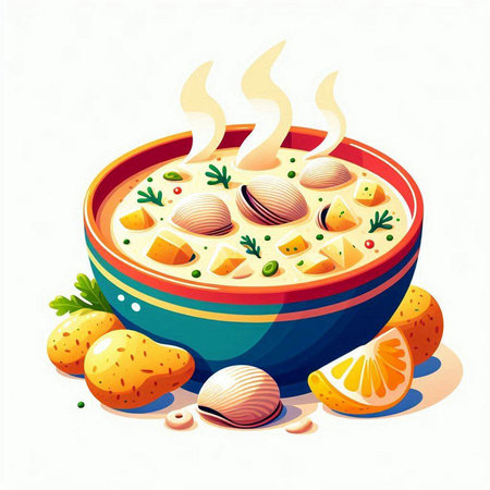 Illustration of a bowl of fish soup with potatoes, carrots and greensのイラスト素材