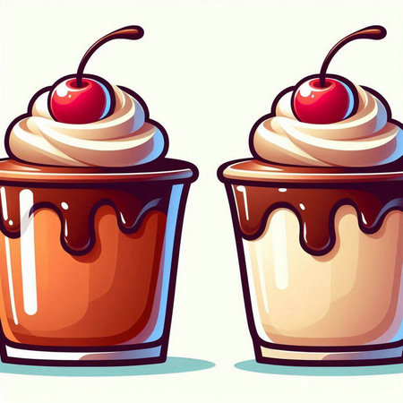 Vector illustration of two cupcakes with cream, cherry and chocolate.のイラスト素材