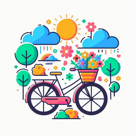 Bicycle with flowers and sun. Vector illustration in flat line style.のイラスト素材