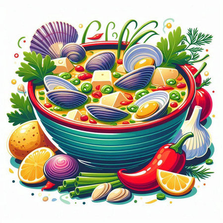 Seafood soup in a bowl with vegetables and spices. Vector illustration.のイラスト素材
