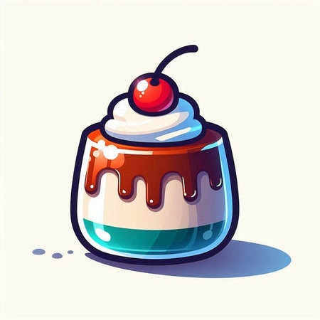 Chocolate pudding with whipped cream and cherry on top, vector illustrationのイラスト素材