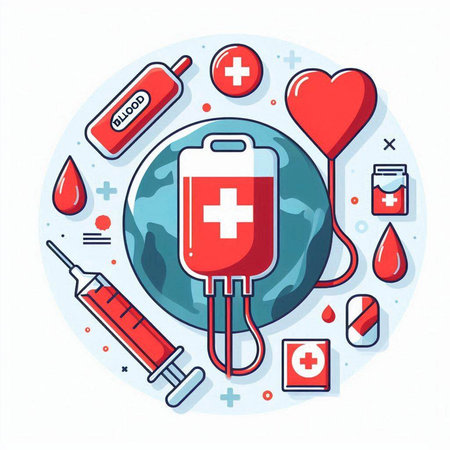 Vector illustration in flat linear style with icons of blood donation, medical equipment, syringe, heart and blood drop.のイラスト素材
