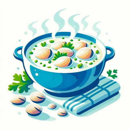 Bowl of soup with dumplings and parsley, vector illustrationのイラスト素材
