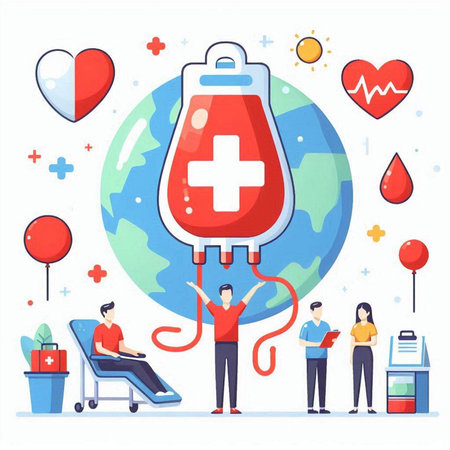 Blood donation concept. Flat vector illustration of people with blood bag, globe and heart.のイラスト素材