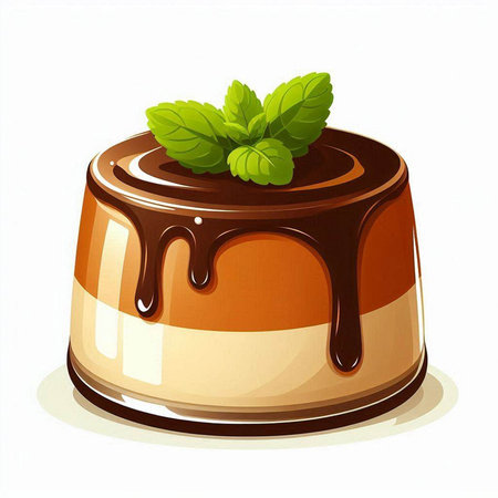 Illustration of a chocolate pudding with mint leaves on a white backgroundのイラスト素材