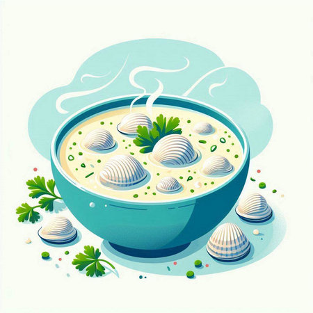 Illustration of a bowl of soup with clams and parsleyのイラスト素材